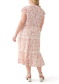 Plus Flutter Sleeve Split Neck Floral Gauze Midi Dress