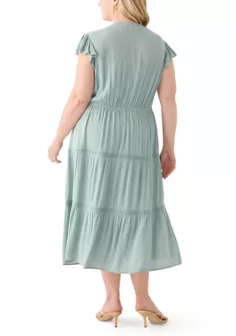 Plus Flutter Sleeve Split Neck Floral Gauze Midi Dress