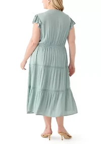 Plus Flutter Sleeve Split Neck Floral Gauze Midi Dress