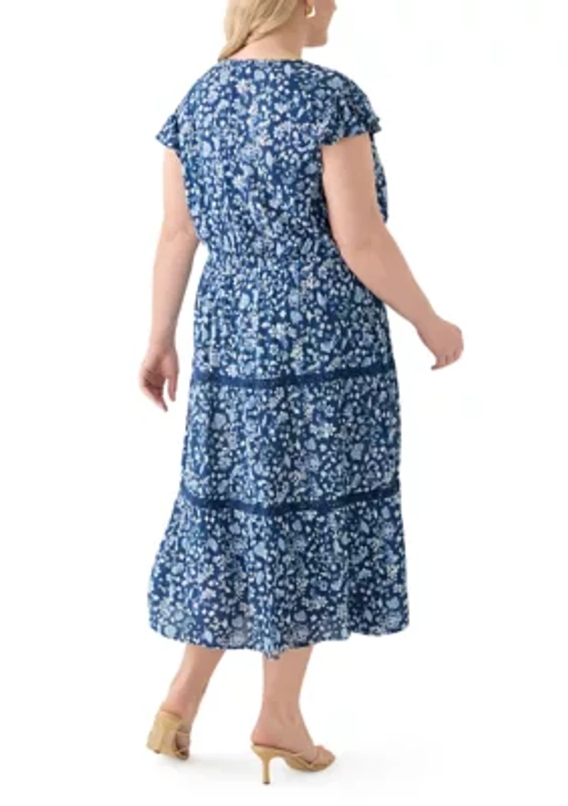 Plus Flutter Sleeve Split Neck Floral Gauze Midi Dress