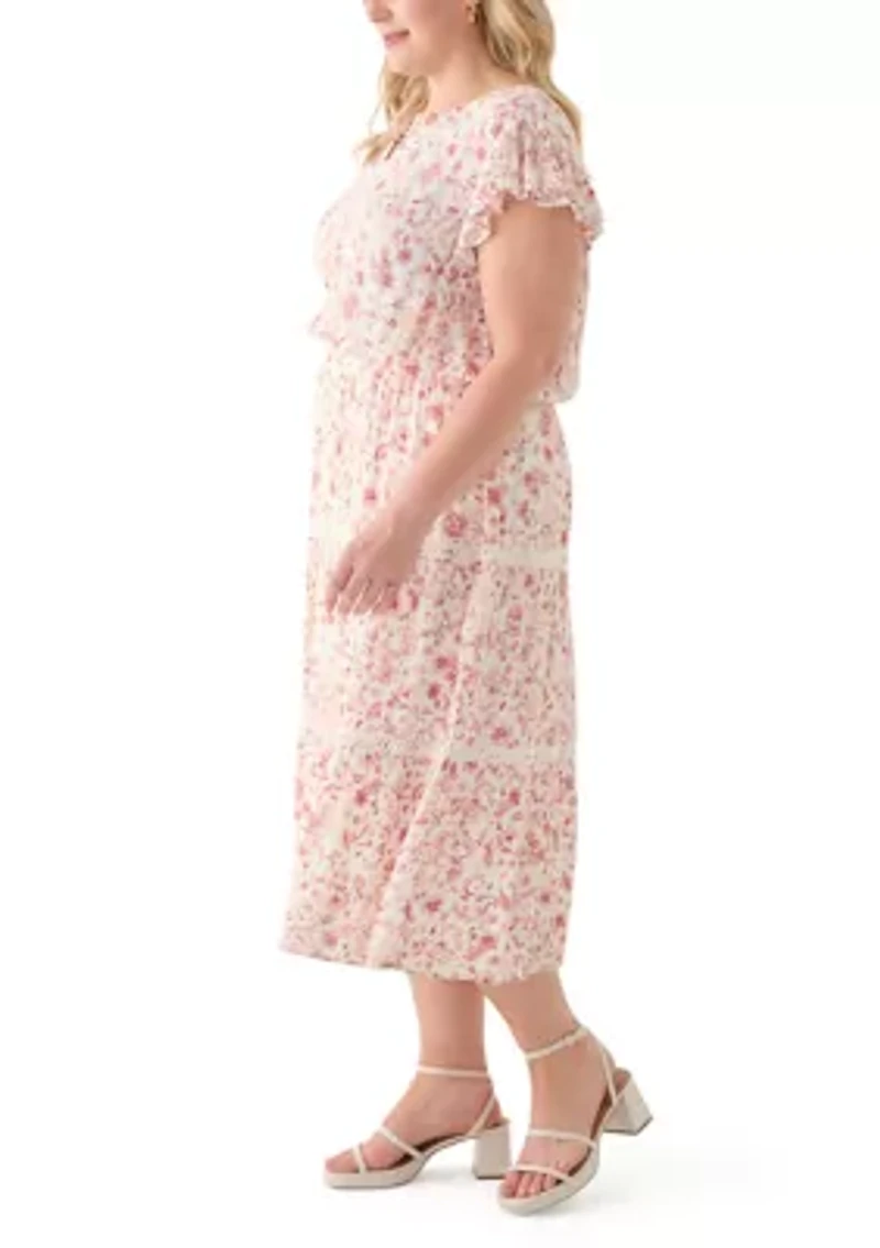 Plus Flutter Sleeve Split Neck Floral Gauze Midi Dress