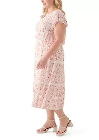 Plus Flutter Sleeve Split Neck Floral Gauze Midi Dress