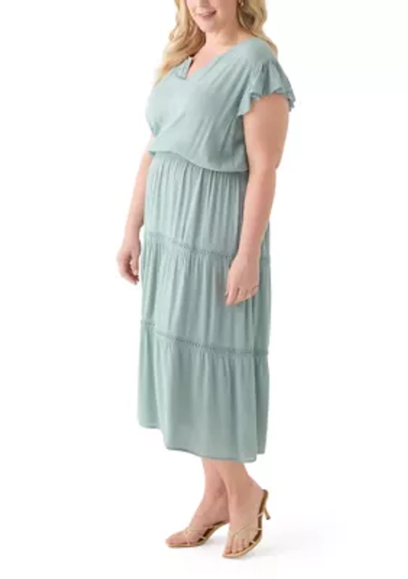 Plus Flutter Sleeve Split Neck Floral Gauze Midi Dress