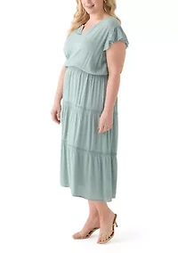 Plus Flutter Sleeve Split Neck Floral Gauze Midi Dress