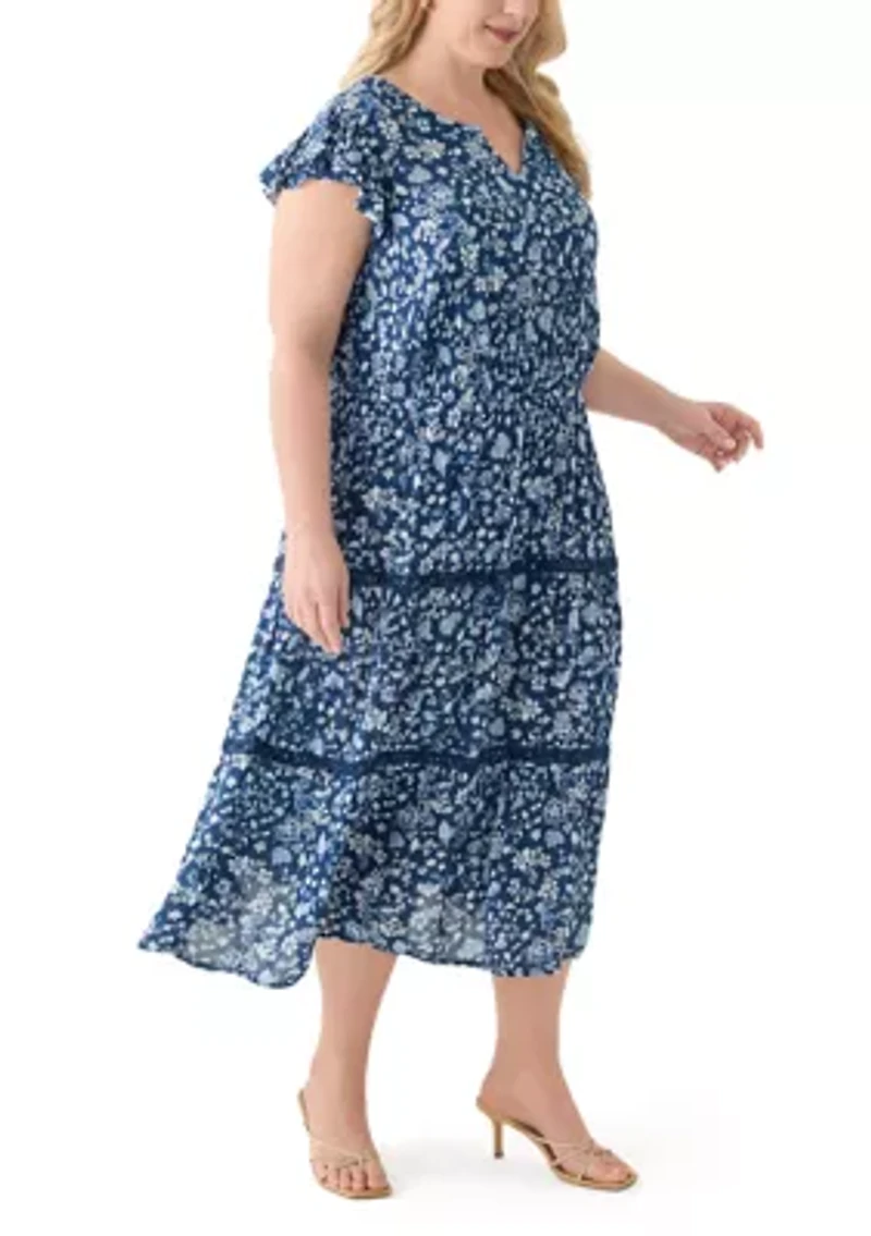 Plus Flutter Sleeve Split Neck Floral Gauze Midi Dress