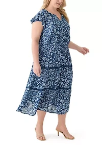 Plus Flutter Sleeve Split Neck Floral Gauze Midi Dress