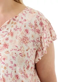Plus Flutter Sleeve Split Neck Floral Gauze Midi Dress