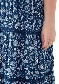 Plus Flutter Sleeve Split Neck Floral Gauze Midi Dress