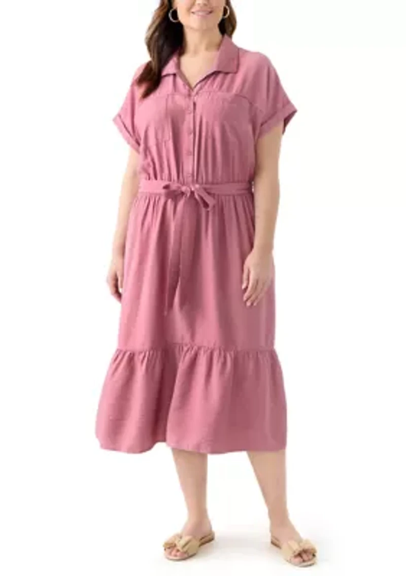 Plus Short Sleeve Solid Tie Waist Shirtdress