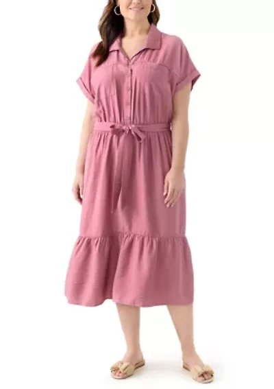 Plus Short Sleeve Solid Tie Waist Shirtdress