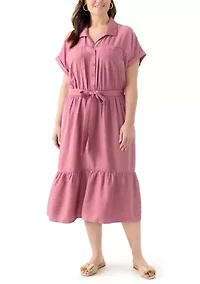 Plus Short Sleeve Solid Tie Waist Shirtdress