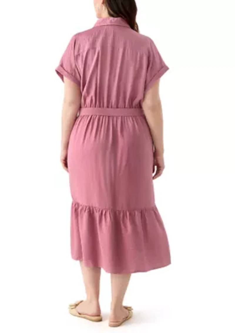 Plus Short Sleeve Solid Tie Waist Shirtdress