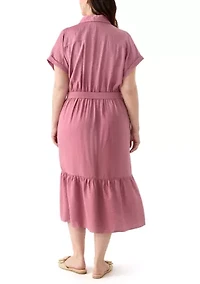 Plus Short Sleeve Solid Tie Waist Shirtdress