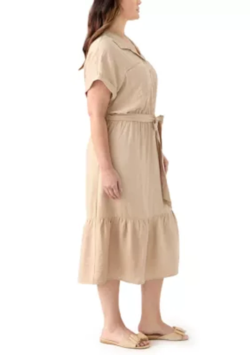 Plus Short Sleeve Solid Tie Waist Shirtdress