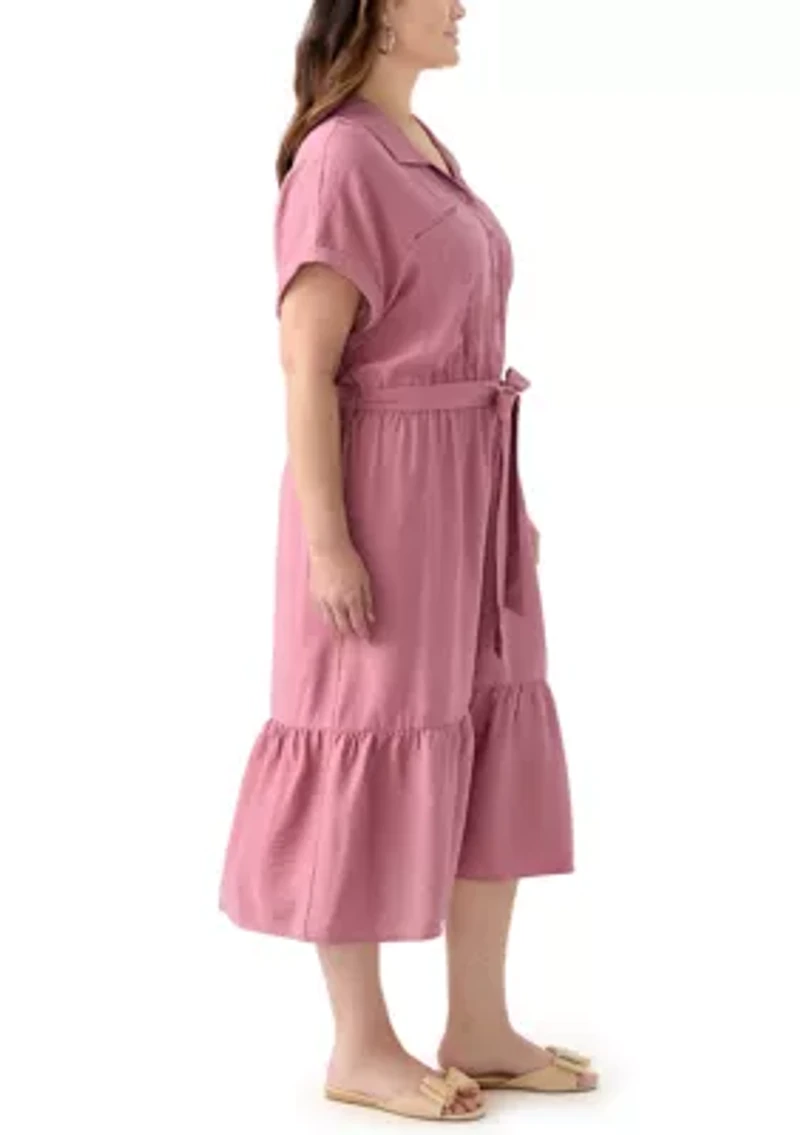Plus Short Sleeve Solid Tie Waist Shirtdress