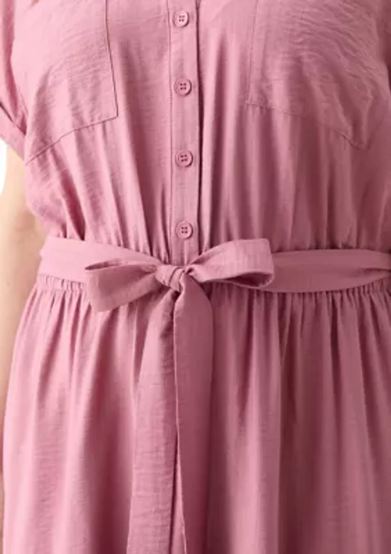 Plus Short Sleeve Solid Tie Waist Shirtdress