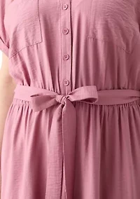 Plus Short Sleeve Solid Tie Waist Shirtdress