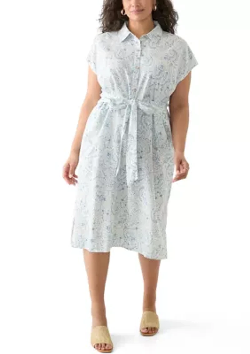 Plus Printed Button Front Tie Waist Midi Dress