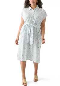 Plus Printed Button Front Tie Waist Midi Dress