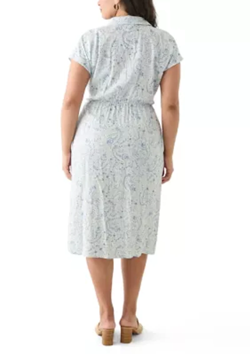 Plus Printed Button Front Tie Waist Midi Dress