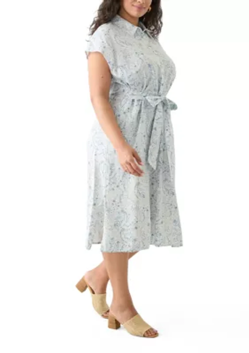 Plus Printed Button Front Tie Waist Midi Dress