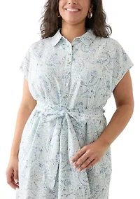 Plus Printed Button Front Tie Waist Midi Dress