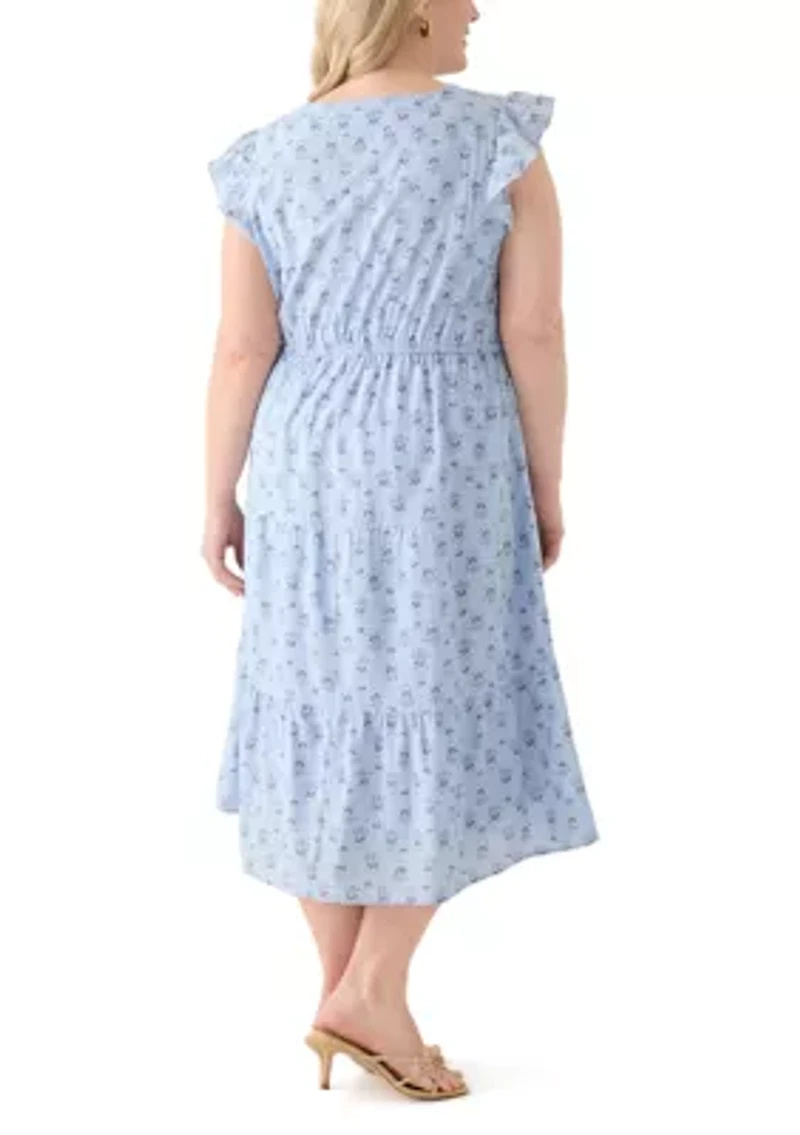 Plus Flutter Sleeve Twin Print Tiered Midi Dress