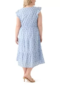 Plus Flutter Sleeve Twin Print Tiered Midi Dress