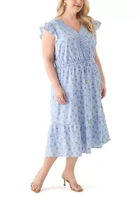 Plus Flutter Sleeve Twin Print Tiered Midi Dress