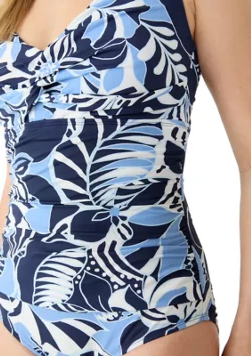 V Neck Twist Front 1 Piece Bathing Suit