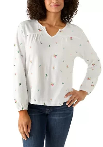 Women's Flower Embroidery Split Neck Yoke Top