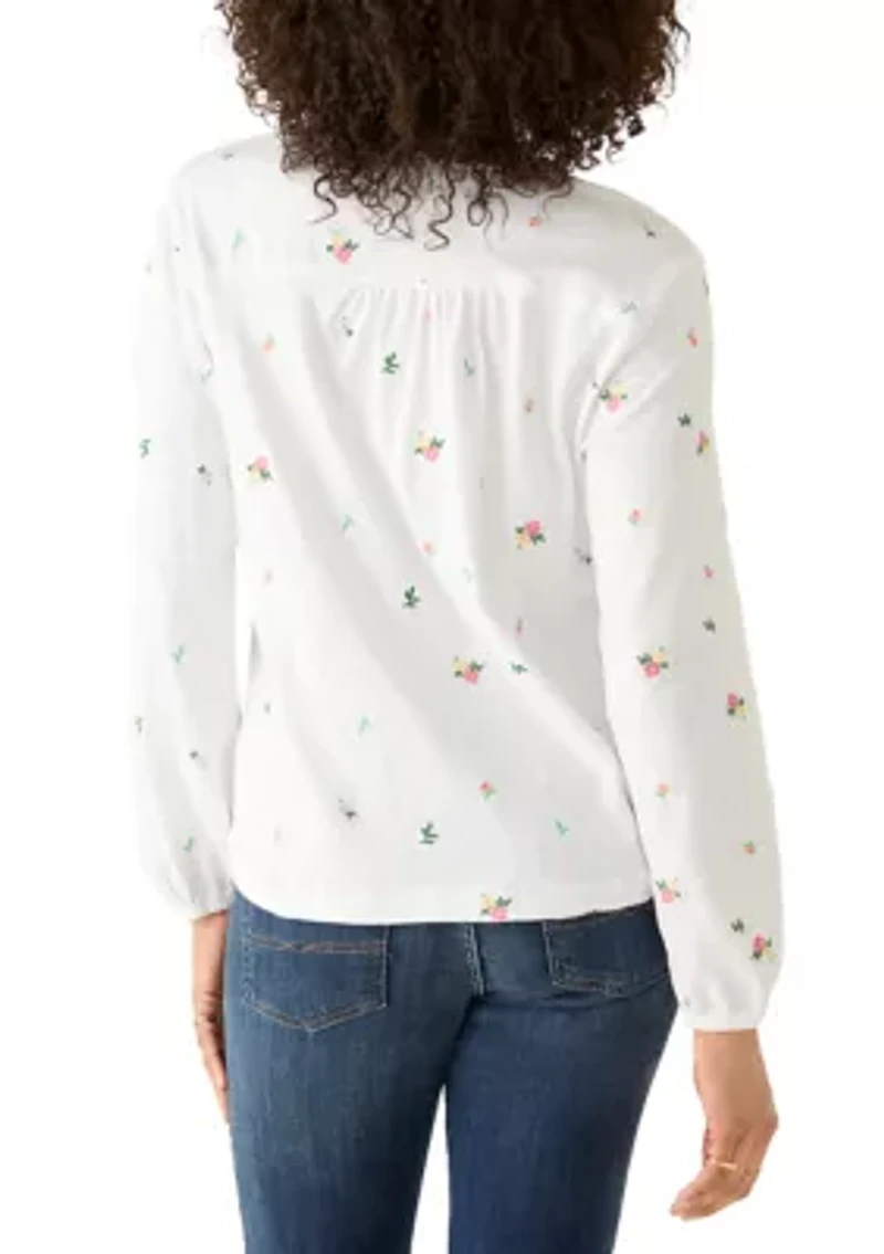 Women's Flower Embroidery Split Neck Yoke Top