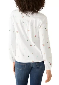Women's Flower Embroidery Split Neck Yoke Top