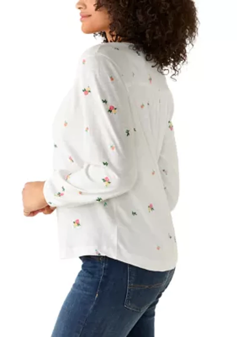 Women's Flower Embroidery Split Neck Yoke Top