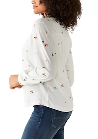 Women's Flower Embroidery Split Neck Yoke Top
