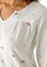 Women's Flower Embroidery Split Neck Yoke Top