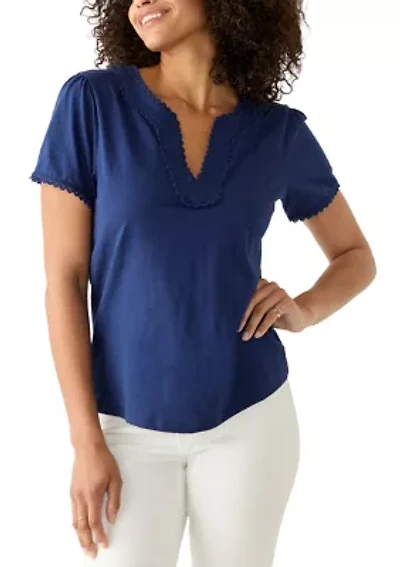 Women's Short Sleeve Splitneck Trimmed Top