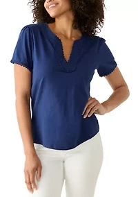 Women's Short Sleeve Splitneck Trimmed Top