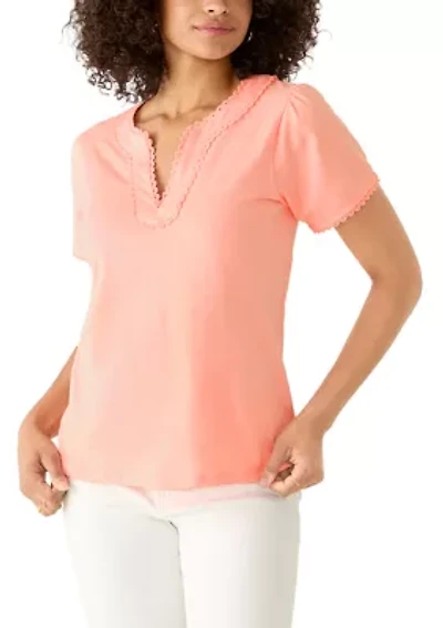 Women's Short Sleeve Splitneck Trimmed Top
