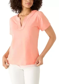 Women's Short Sleeve Splitneck Trimmed Top