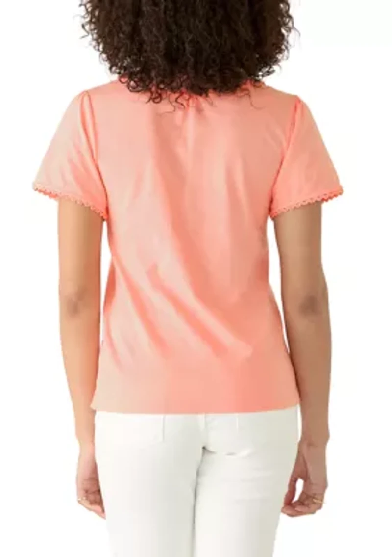 Women's Short Sleeve Splitneck Trimmed Top