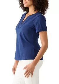 Women's Short Sleeve Splitneck Trimmed Top