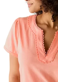 Women's Short Sleeve Splitneck Trimmed Top