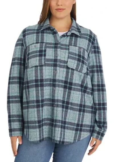 Plus Cozy Knit Stretch Button Down Shirt