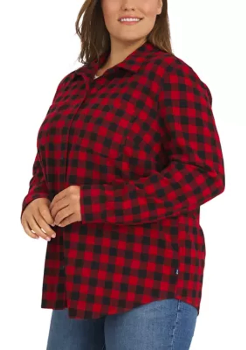 Plus Cozy Knit Stretch Button Down Shirt