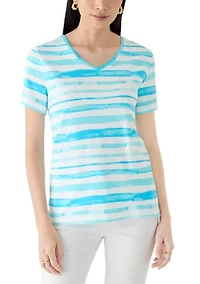 Petite Short Sleeve V-Neck Striped Shirt