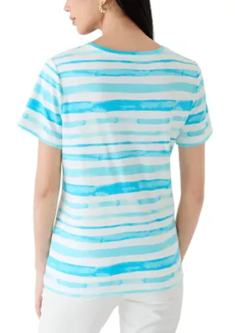 Petite Short Sleeve V-Neck Striped Shirt