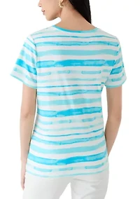 Petite Short Sleeve V-Neck Striped Shirt