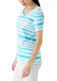 Petite Short Sleeve V-Neck Striped Shirt