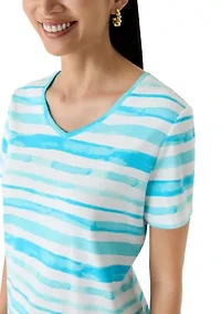 Petite Short Sleeve V-Neck Striped Shirt